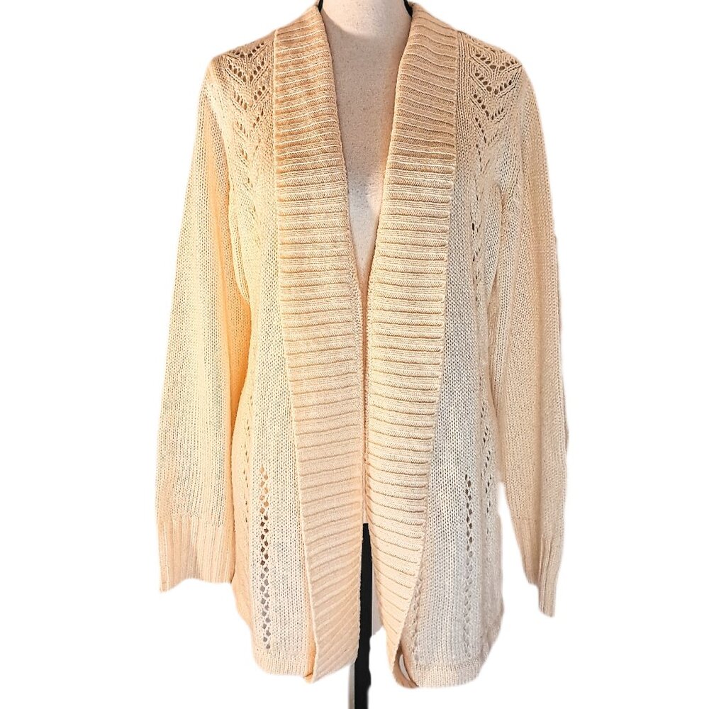 Vintage Salon  Studio Cream Knit Open Front Pointelle Cardigan L